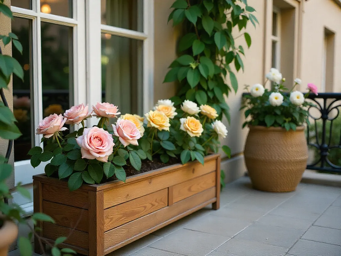 Elegant balcony decor setup with flowering plants